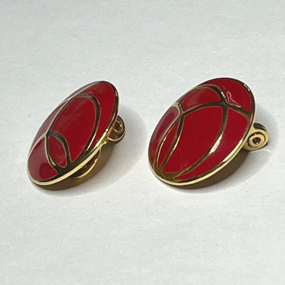 Vintage Monet Red Enamel & Gold Round Clip-On Earrings - Picture 2 of 7